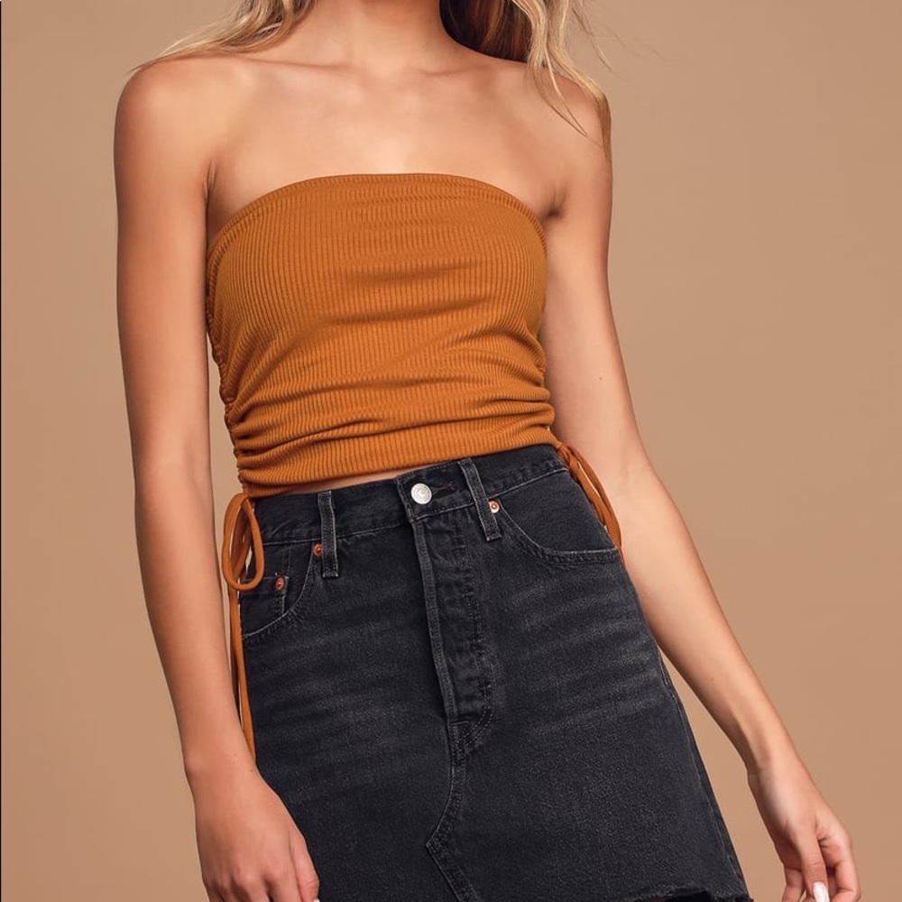 Show it Off Rust Orange Ribbed Ruched Tube Top - Picture 3 of 5